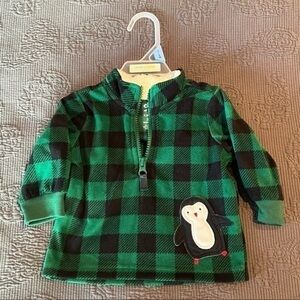 𝅺toddler Green/Black Buffalo Plaid and Penguin 1/2 Zip Pullover